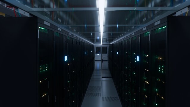 Empty server corridor in a modern data center with symmetrical racks glowing green status lights and a bright ceiling strip leading toward a distant