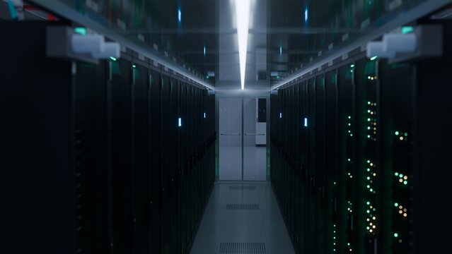 Sleek modern data center corridor lined with glowing server racks and cool blue LED lighting leading toward a lit glass door ideal for cloud computing