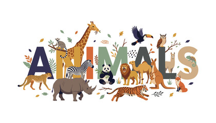 Fototapeta premium Wild zoo animals word concept horizontal banner design with cute cartoon characters and decorative jungle foliage vector