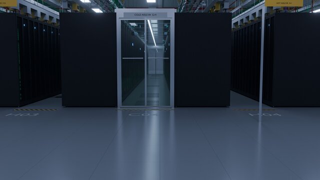 Cold aisle containment glass door between illuminated server rack rows in a modern data center facility ideal for cloud hosting cooling and enterprise