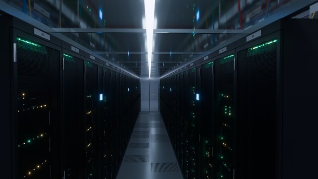 Empty server corridor with glowing blinking lights inside a modern data center showing symmetrical vanishing perspective ideal for cloud hosting AI