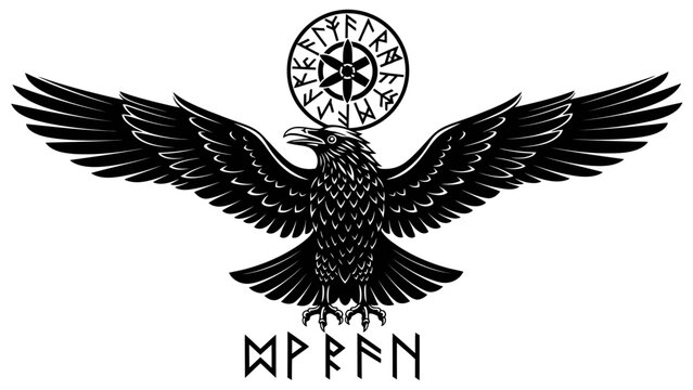 Norse Raven Symbol with Runes and Vegvisir Emblem
