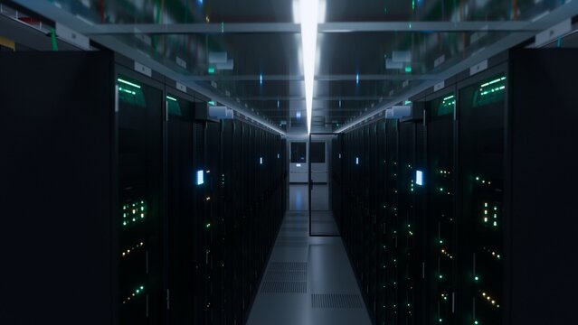 Modern data center server aisle with glowing indicator lights and dramatic ceiling strip in dark cloud computing facility ideal for tech and
