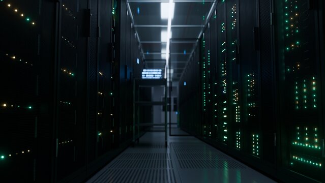 Sleek modern data center server aisle glowing with green and amber lights in a dark high tech corridor ideal for cloud computing cybersecurity and ai
