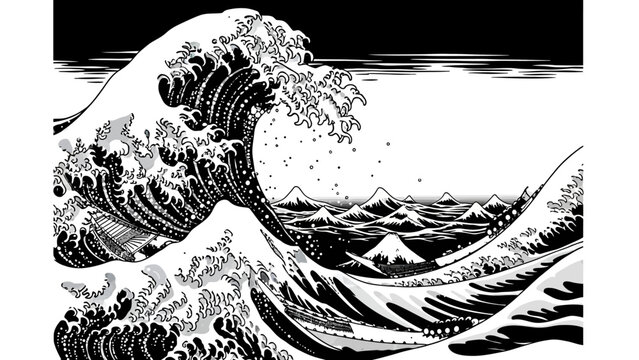 Black and White Stylized Ocean Wave Illustration