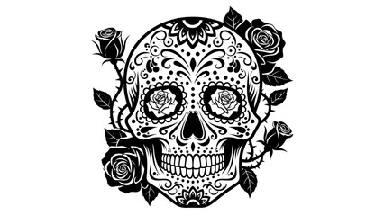 Fototapeta premium Sugar Skull with Floral Rose Decor Black and White Illustration