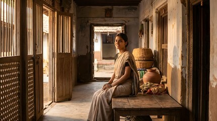 Obraz premium Young Rural Indian Woman Sitting in Village Home Corridor