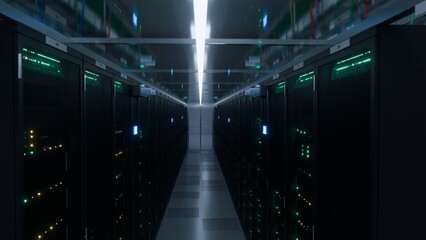 Sleek symmetrical server aisle with glowing green indicator lights in a modern data center corridor...
