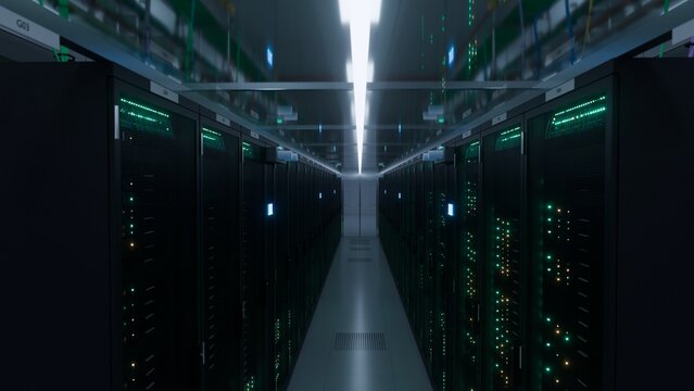 Sleek modern data center server aisle with symmetrical rows of racks and glowing green indicator lights ideal for cloud computing cybersecurity and