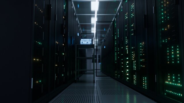 Empty server aisle lined with racks and glowing green indicator lights in a dark modern data center corridor ideal for cloud hosting cybersecurity and