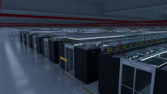 Cold aisle containment data hall with rows of server racks colorful liquid cooling piping and red ceiling rails representing hyperscale AI cloud