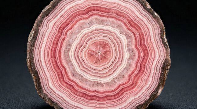 A close-up view reveals the intricate concentric pink and white bands of a rhodochrosite.