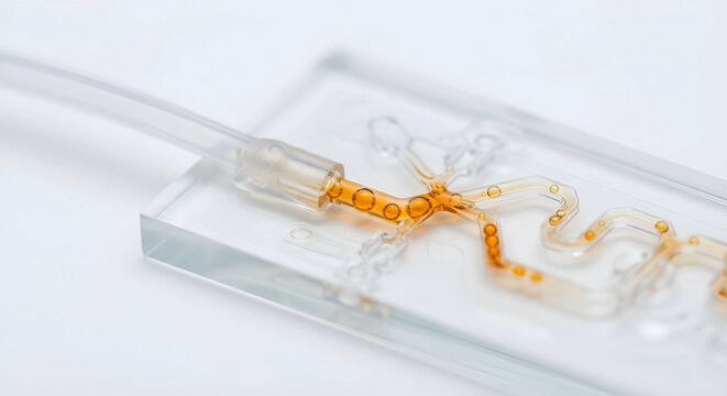 Droplet Generation in a Glass Microfluidic Chip: Amber Liquid Flowing Through Microchannels for Biotechnology, Laboratory Research, and Lab-on-a-Chip Applications at 11K Macro