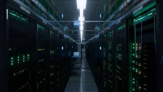 Immersive data hall server aisle receding in one point perspective glowing with green amber led indicators ideal for cloud infrastructure ai compute