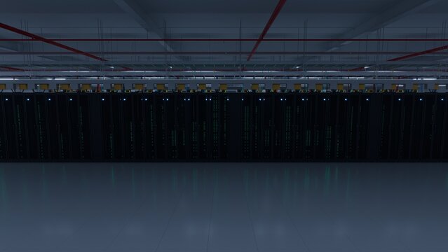 Long symmetrical row of server racks with glowing LED indicators filling a vast dark industrial data center hall with reflective floor and red