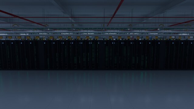 Vast modern data hall featuring a long symmetrical row of illuminated server racks with green status lights and reflective floor ideal for cloud
