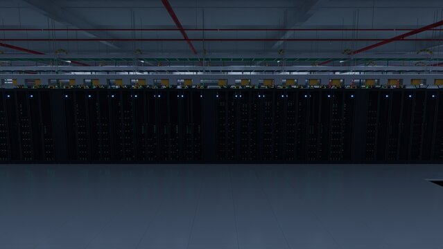 Wide view of glowing server racks lining a vast dark data center hall with red ceiling conduits and reflective floor ideal for cloud computing ai