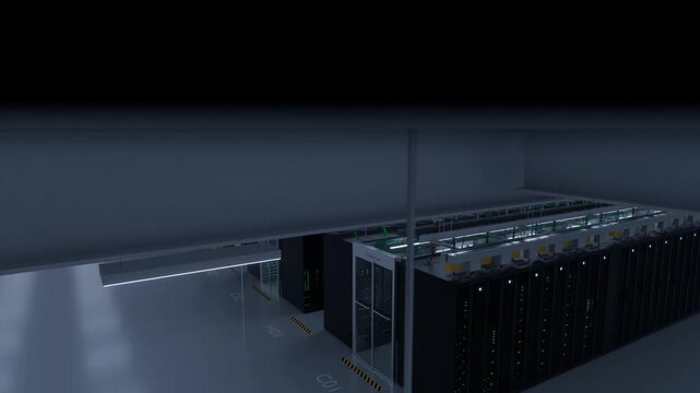Slow aerial camera glides down over rows of data center server racks with blinking lights and yellow cable trays revealing marked cold aisles in a
