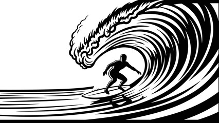 Fototapeta premium Surfer Riding a Large Ocean Wave Black and White Graphic Illustration
