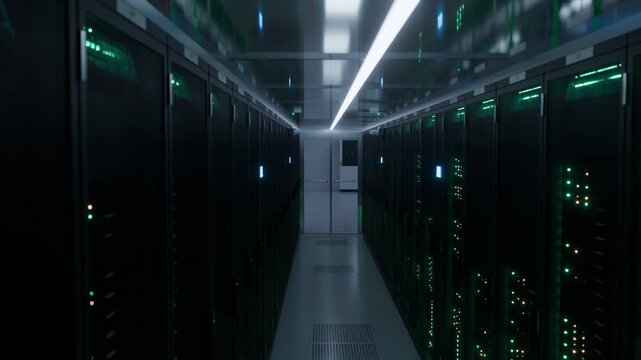 Smooth forward dolly move down a modern data center corridor past humming server racks with green and blue indicator lights leading to bright doors