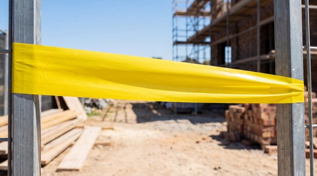 Yellow tape blocks a construction site. Scaffolding, brickwork, and barriers fill the sunny work area. The image conveys safety control and restricted access.