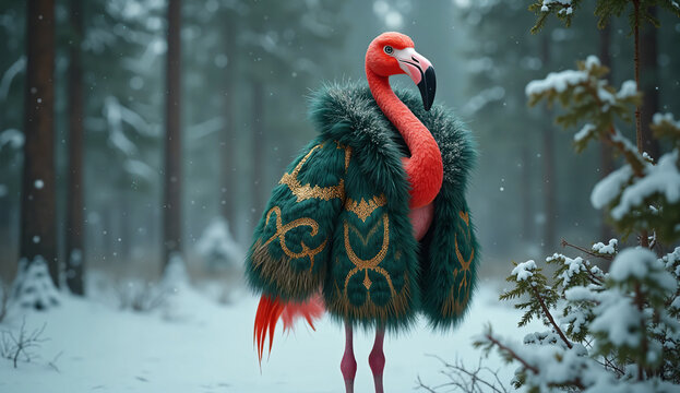 Flamingo Wearing Fur Coat in Snowy Forest Illustration. 