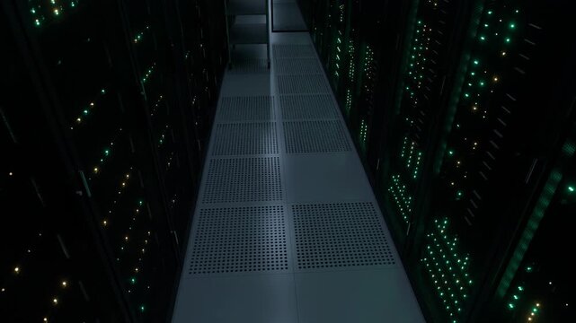 Vertical crane up shot moving through a modern data center corridor and rising to an overhead view of server racks with blinking green and amber