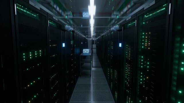 Forward tracking shot gliding through a modern data center corridor between illuminated server racks toward a glowing blue monitor for cloud and
