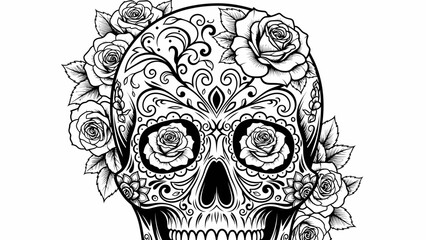 Fototapeta premium Sugar Skull with Roses Floral Pattern Line Art Illustration