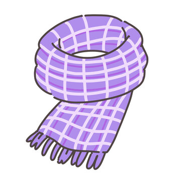 Purple checked scarf rolled up. Hand drawn warm winter muffler isolated on white background.