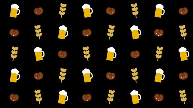 Oktoberfest pixel art pattern featuring beer mugs, pretzels, and wheat on black backdrop.
