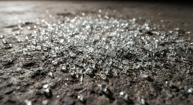 Close-up of shattered glass fragments scattered across a rough surface, with sparkling reflections and shallow depth of field creating an abstract and dramatic texture