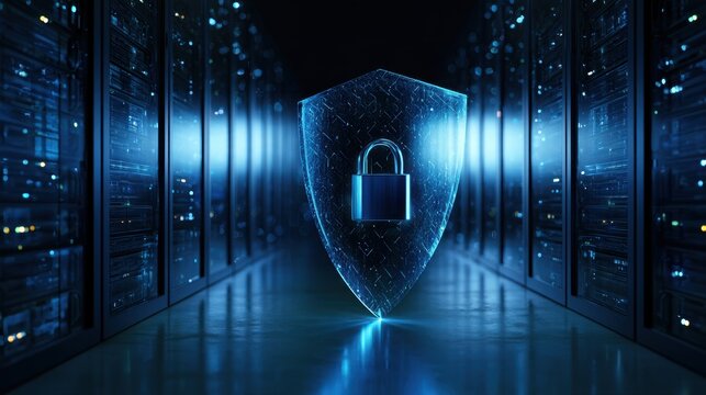 Secure Data Center with a Digital Shield and Padlock Representing Cybersecurity and Data Protection in a High-Tech Environment