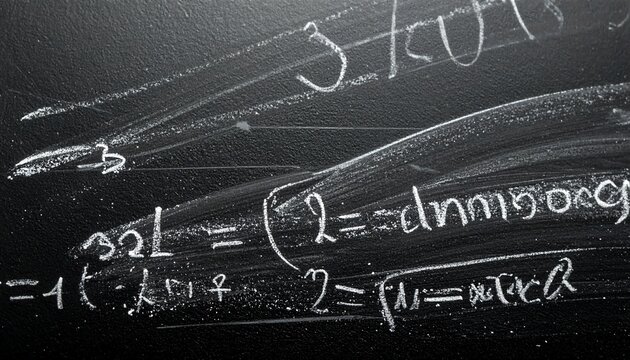 Close up of mathematical equations and chalk marks on a blackboard with smudged and partially erased writing