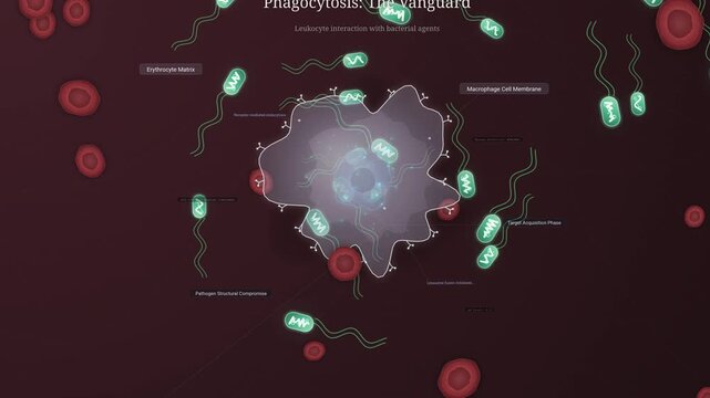 Microscopic animation of phagocytosis process showing a leukocyte macrophage cell interacting with and engulfing green bacterial agents amidst an erythrocyte matrix during target acquisition phase