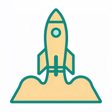 Flat vector icon of a rocket launching with smoke cloud in teal outlin