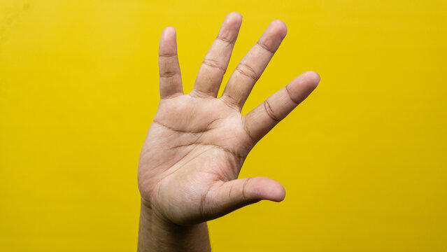 One fully open male hand is raised holding five fingers spread wide apart against vibrant yellow background, This expansive posture serves as universal signals halting greetings
