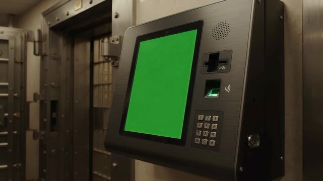 Biometric Security Terminal with Green Screen in Bank Vault Room