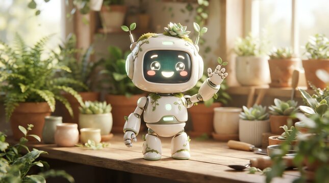 Small white robot with plants on wooden table