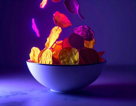 Healthy vegetable chips falling into ceramic bowl with dynamic action food lighting effect