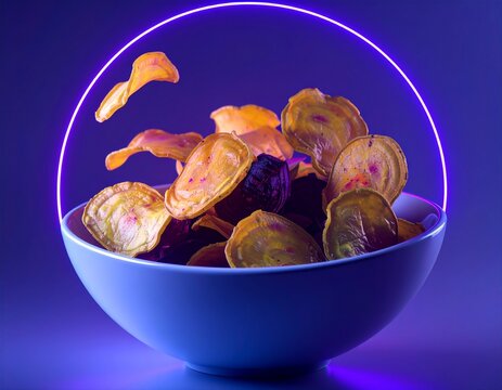 Crispy vegetable chips in bowl framed by neon light ring on purple background