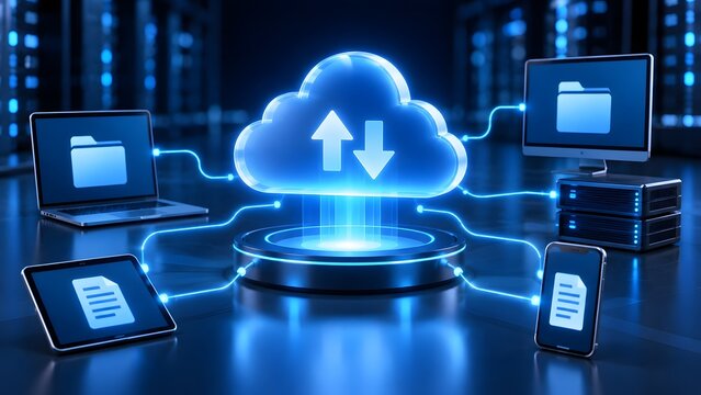 Illuminated cloud computing hologram demonstrating seamless digital data synchronization and network storage connectivity across multiple business devices and server databases