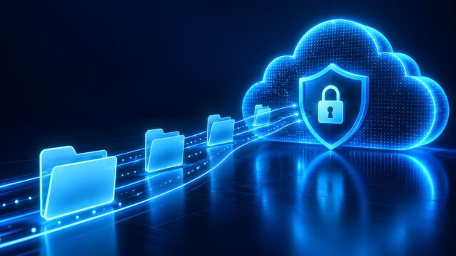 Glowing digital cloud computing hologram featuring a secure padlock shield receiving a stream of data folders illustrating encrypted storage and safe information migration