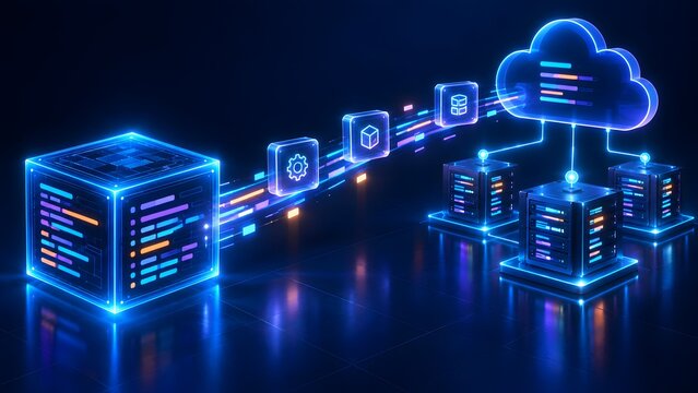 Futuristic digital software cube module transferring interactive data packages to a centralized cloud computing network and server database ecosystem