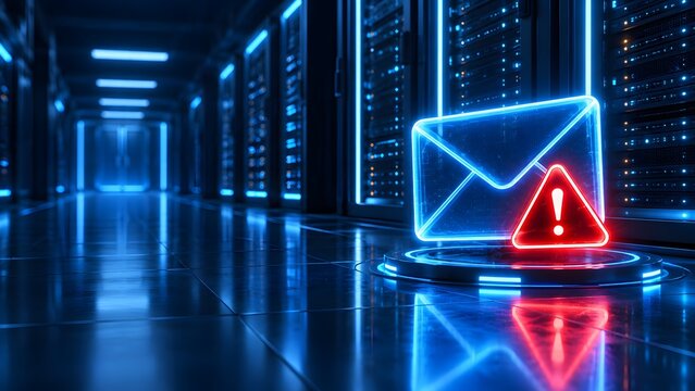 Glowing digital envelope icon alongside a critical red warning alert symbolizing email security threats and phishing attacks in a dark server room