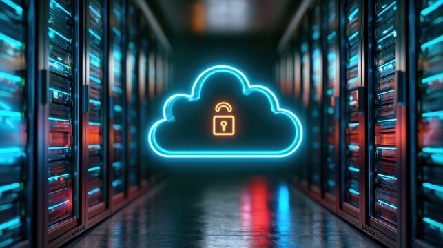 Neon cloud with padlock symbolizing security in a data center, representing cloud computing and data protection in digital technology landscape
