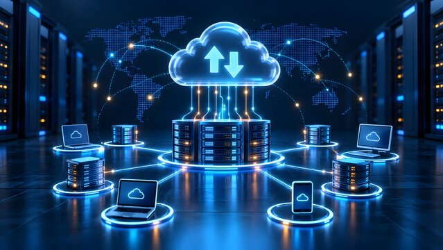 Global cloud computing network hub synchronizing data across multiple digital devices and server racks within a modern enterprise infrastructure