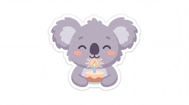 Cute cartoon koala character holding a birthday cake with candle