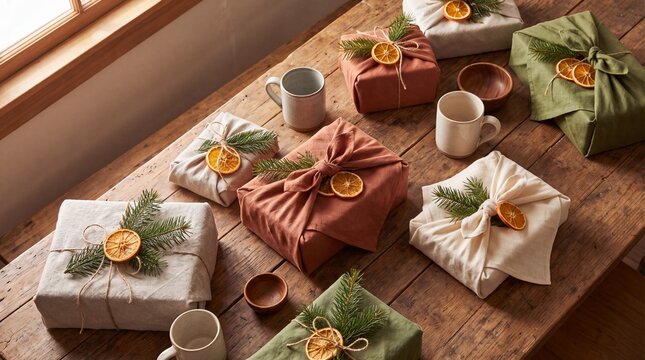 eco-friendly gifting, wrapped gifts in natural fabrics adorned with dried oranges and pine