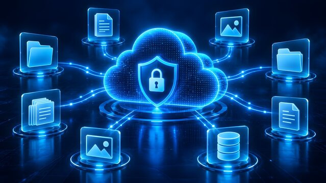 Secure cloud computing network featuring a central encrypted padlock shield synchronizing digital files and databases across connected storage nodes